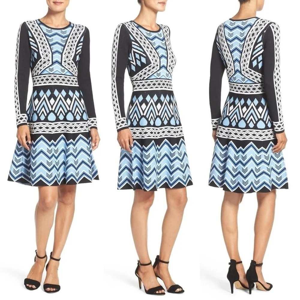🔥ELIZA J Sweater Dress Fit Flare Long Sleeve Geometric Knee Length, Size PM - Picture 3 of 8